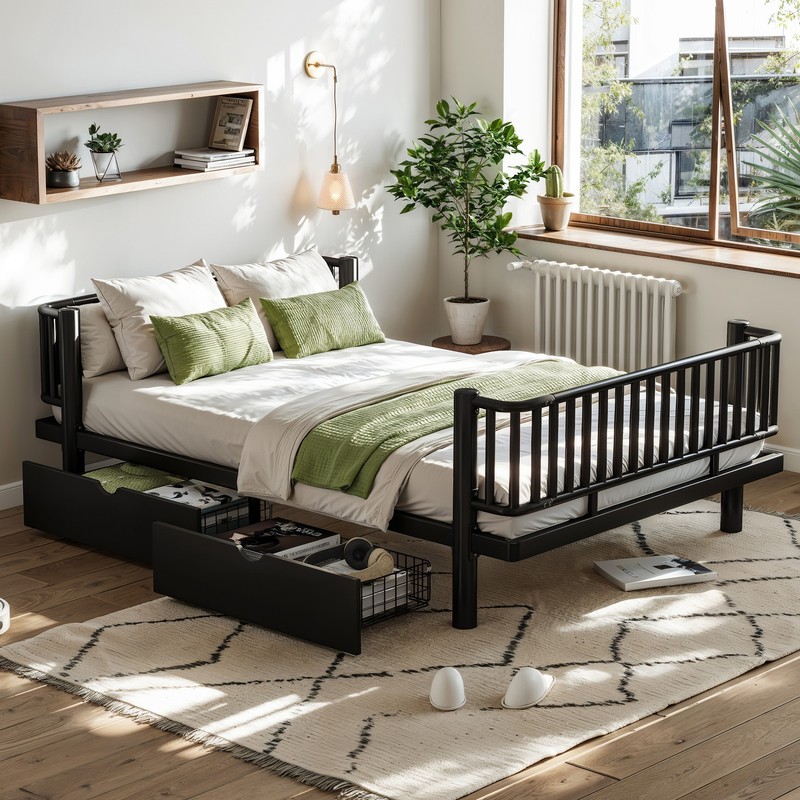 Full Size Metal MDF Platform Bed Frame Daybed Slatted W/ Storage Drawers Black gallery