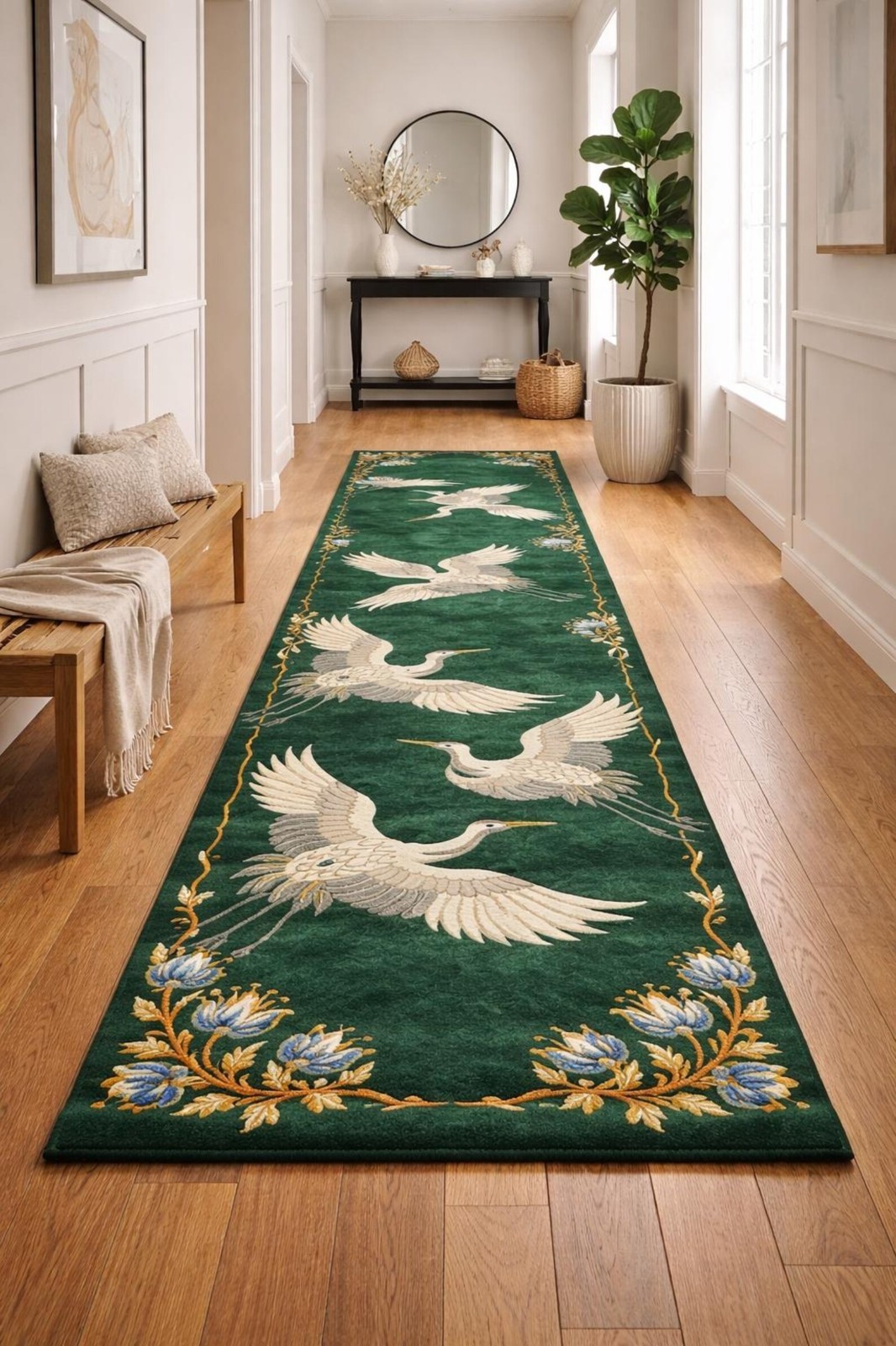 Hand Tufted Crane Runner Rug, Emerald Green New Zealand Wool Hallway Carpet gallery