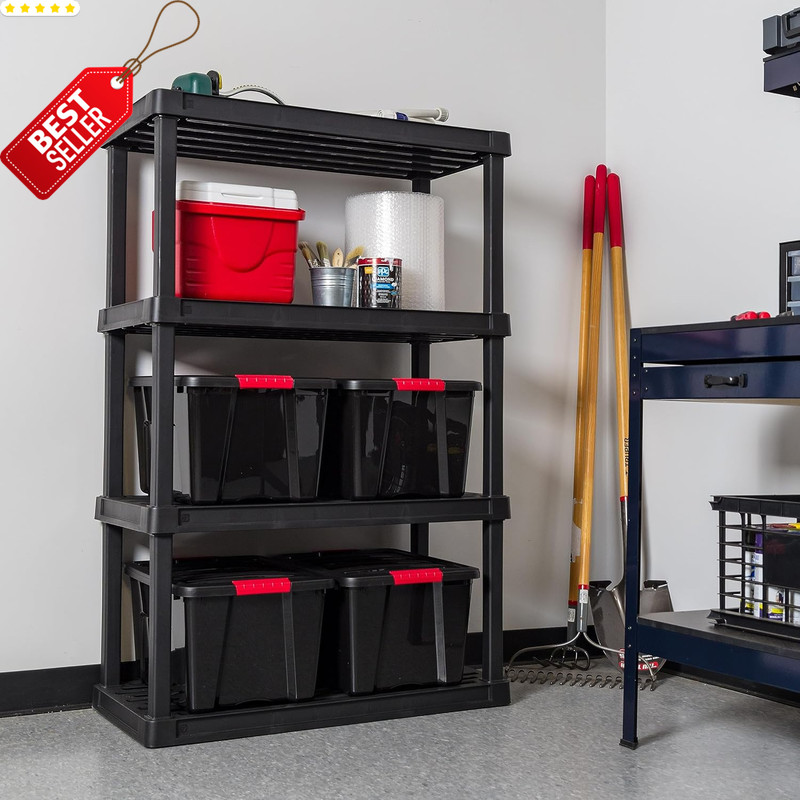 IRIS USA 4-Shelf Plastic Storage Shelves 600Lb 56Hx36Wx18D Black US gallery