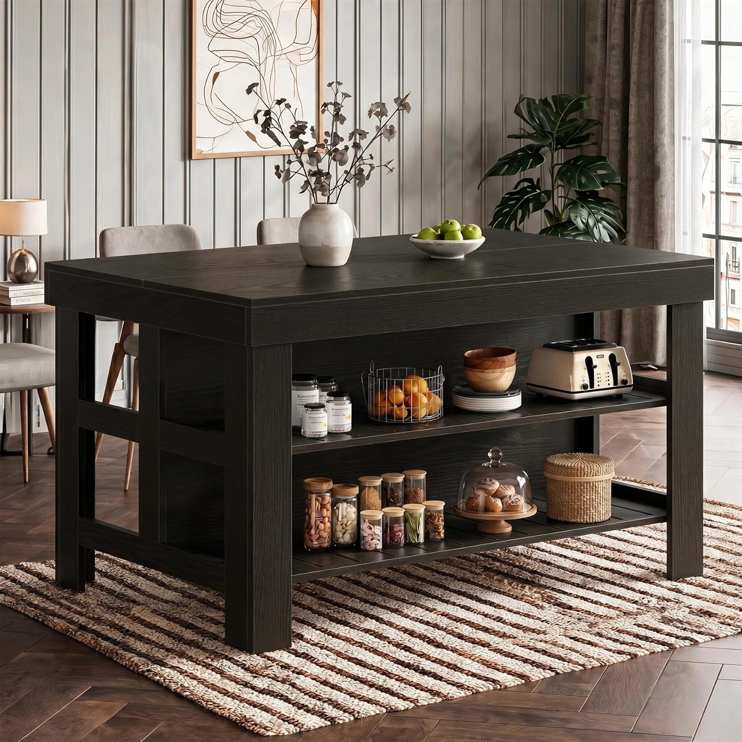 55'' Kitchen Island with Storage,3-Tier Large Farmhouse Bar Table w/ Countertop gallery