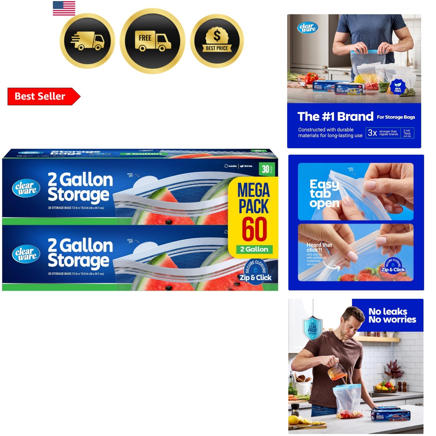 2 Gallon Storage Bags, Double Zipper Seal - 60 Count, Resealable Thick Plasti... gallery