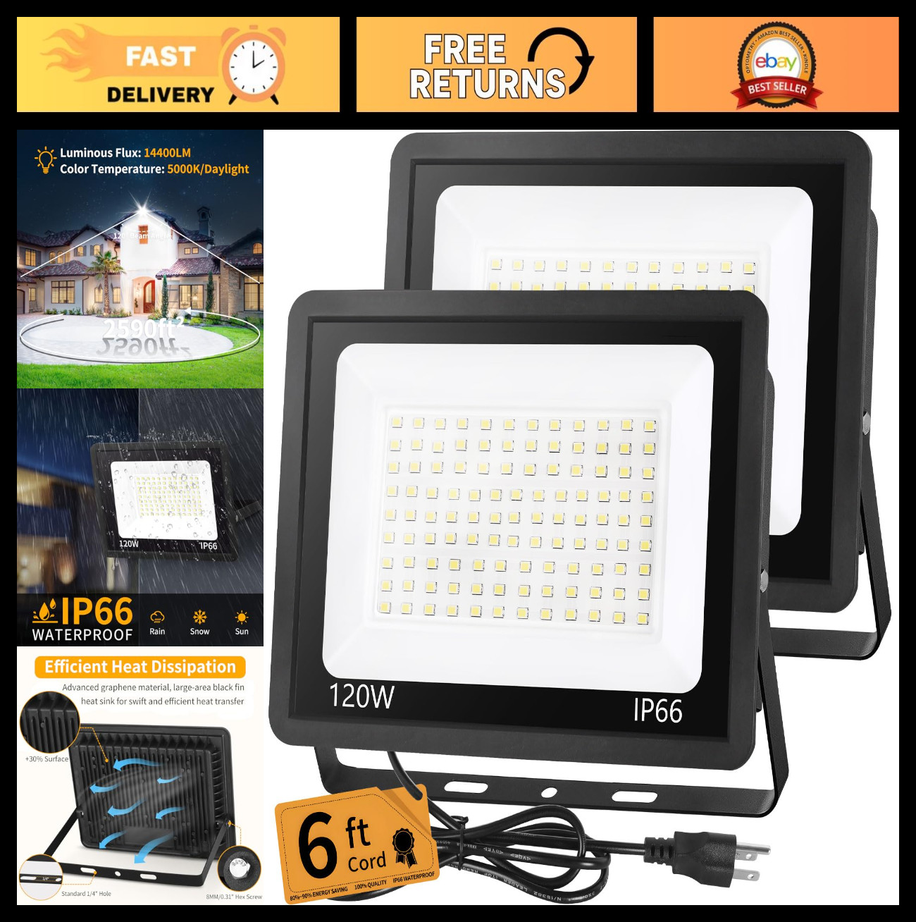 120W LED Flood Light 14400LM Outdoor Security Lights, IP66 Waterproof, 5000K Day gallery
