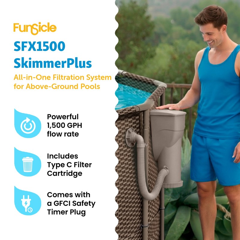 Funsicle 1500 Gallon SkimmerPlus Filter Pump System for Above Ground Pool, Gray gallery