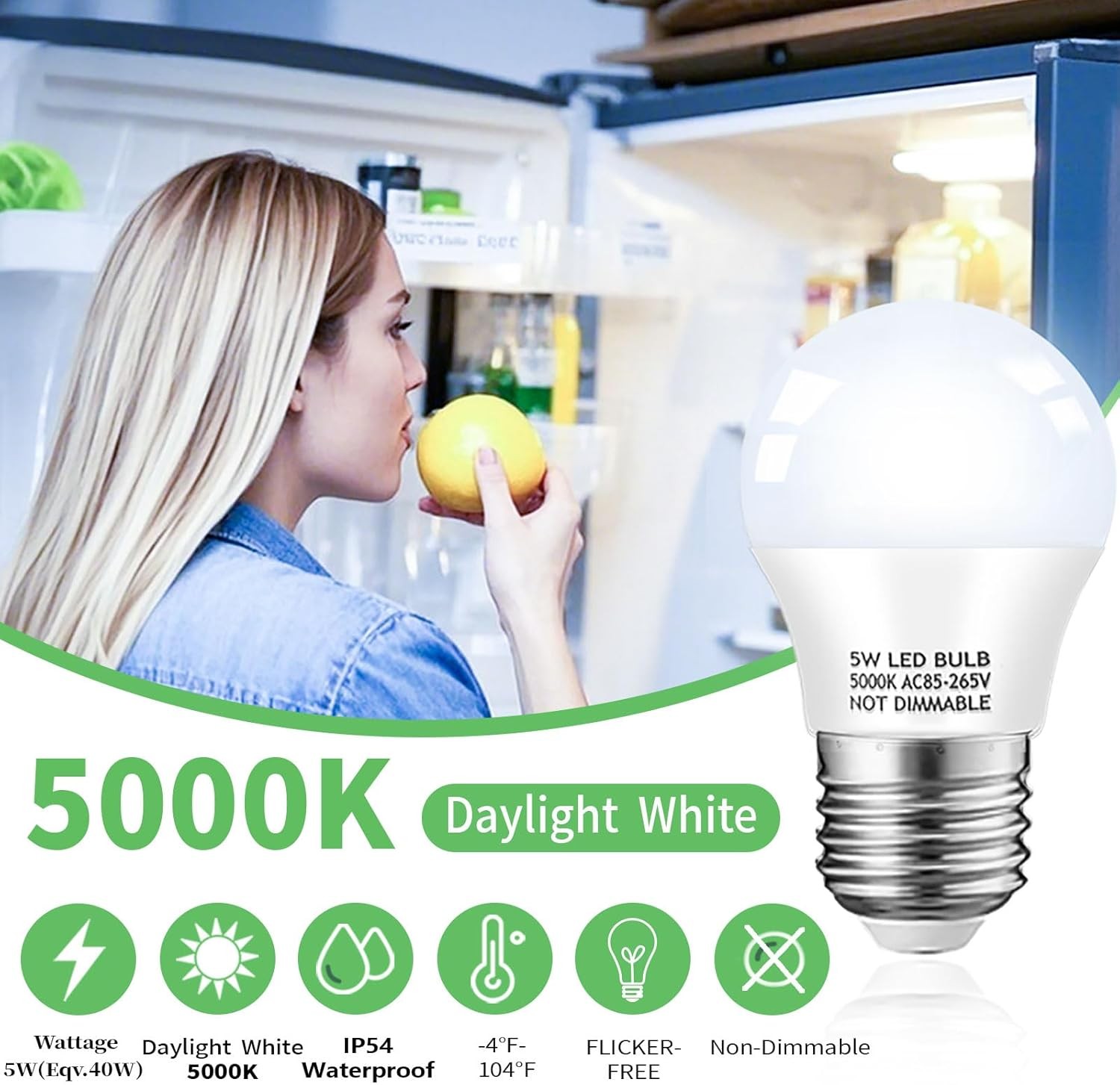 Refrigerator Light Bulb, 40W 2 Count (Pack of 1), 5000k Daylight White gallery