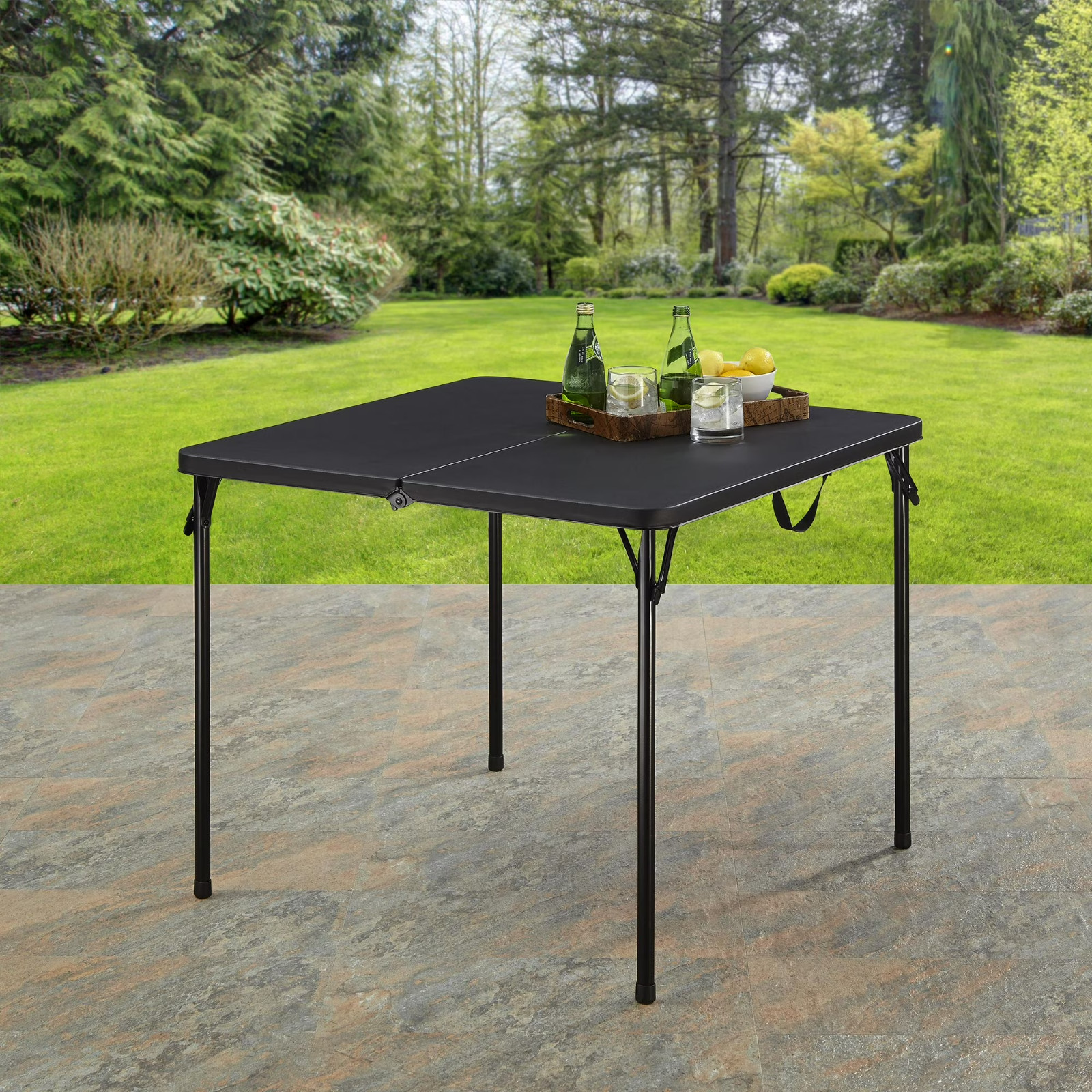 Mainstays 34" Square Resin Fold-in-Half Table, Rich Black, 28 in H gallery