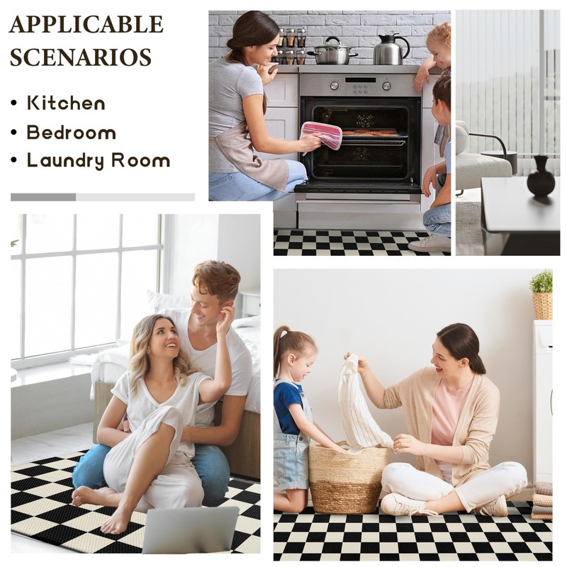 Beige Black Checkered Grid Checkerboard Kitchen Rug Sets [2 PCs], Anti gallery