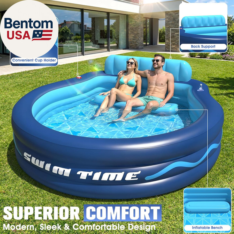 Inflatable Pool with Seats and Headrest,Oversized Thickened Large Blow up Pool f gallery