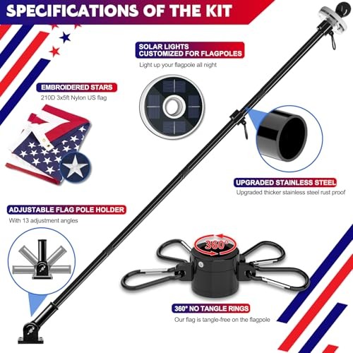 5FT Flag Pole Kit with Solar Light and Embroidered American 5FT - Black 1 gallery