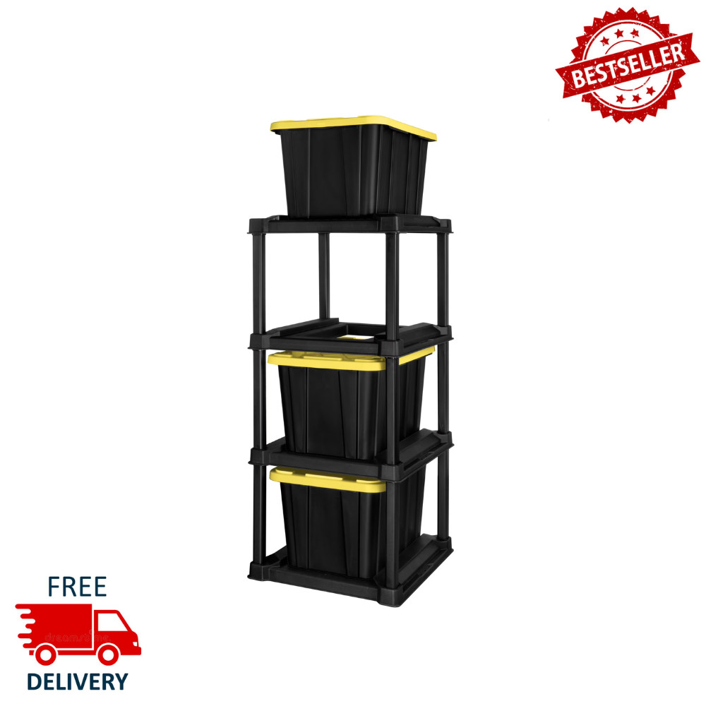 Sterilite 4 Tier Tote Rack Storage Organizer, Heavy Duty Plastic Shelf, Black gallery