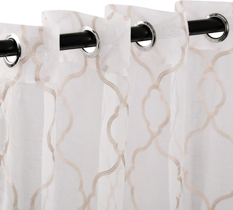 Embroidered Lattice Grommet Top Header Sheer Curtain Panel Set of 2 gallery