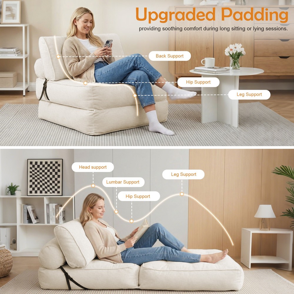 Single Folding Sofa Bed, Convertible Sleeper Chair Bed Couches w/ Dual-Pillow