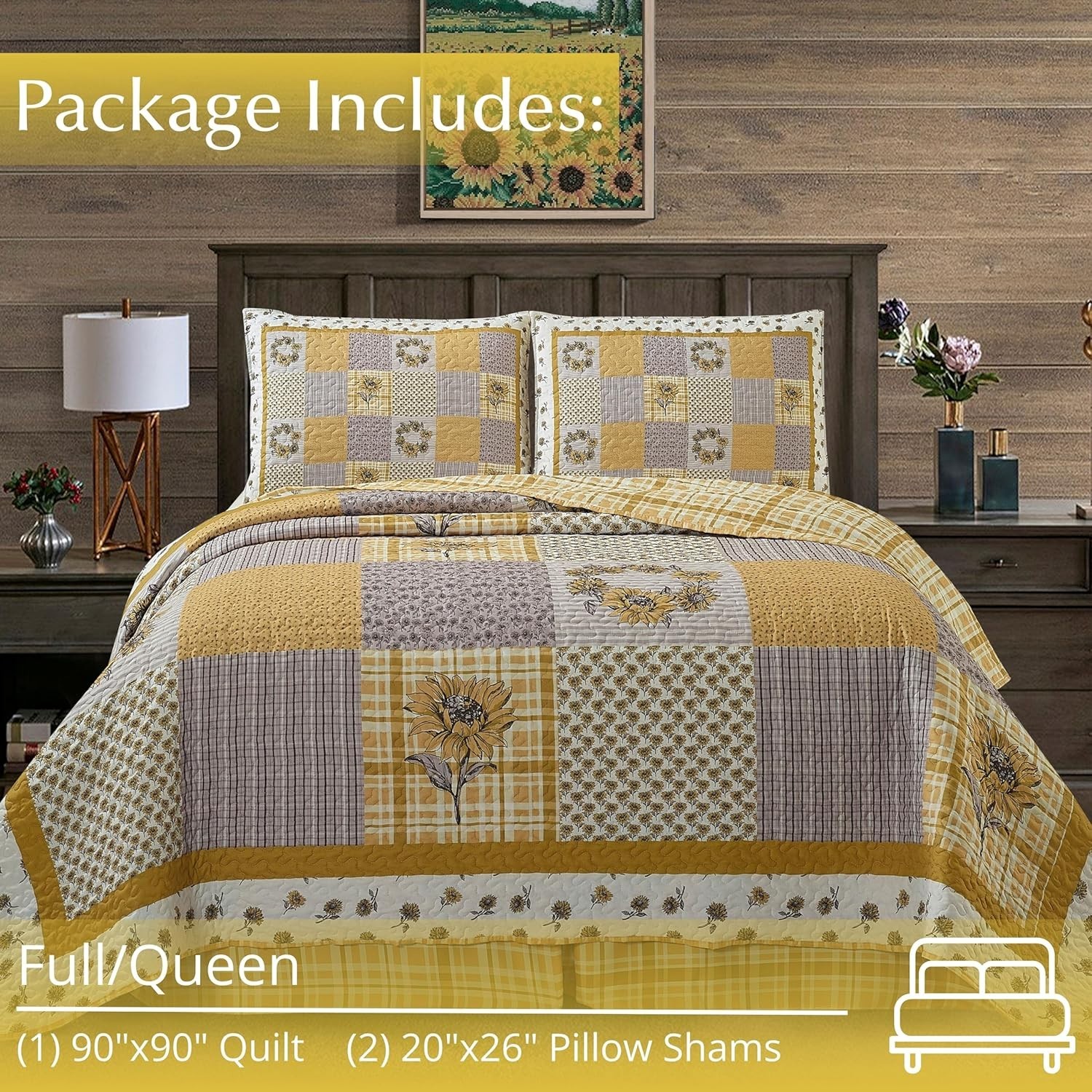 NEW! Farmhouse Sunflower Patchwork Sunshine Printed Quilt Floral Flower Queen gallery