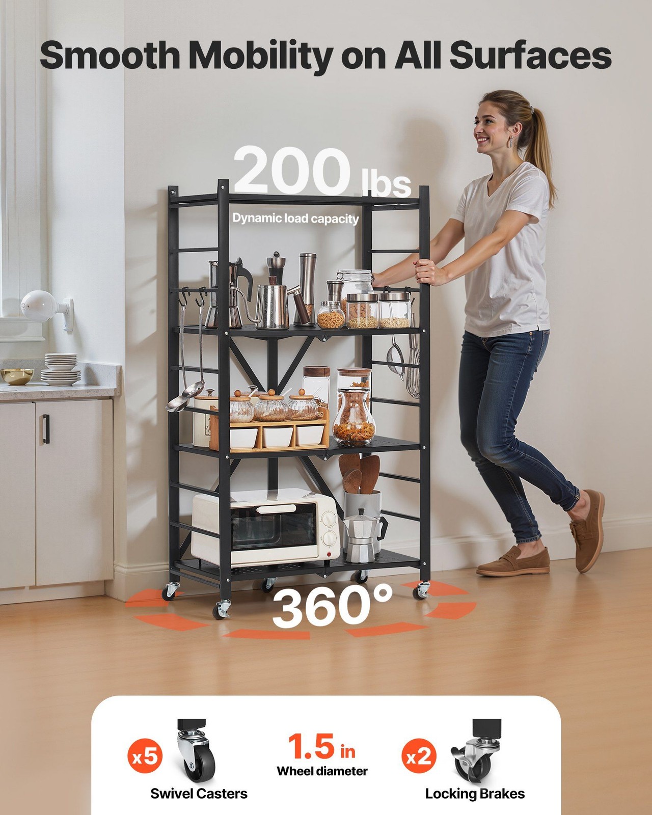 Foldable 4-Tier Metal Shelf, 26x13x46in, 750lb Capacity, 5 Swivel Wheels gallery