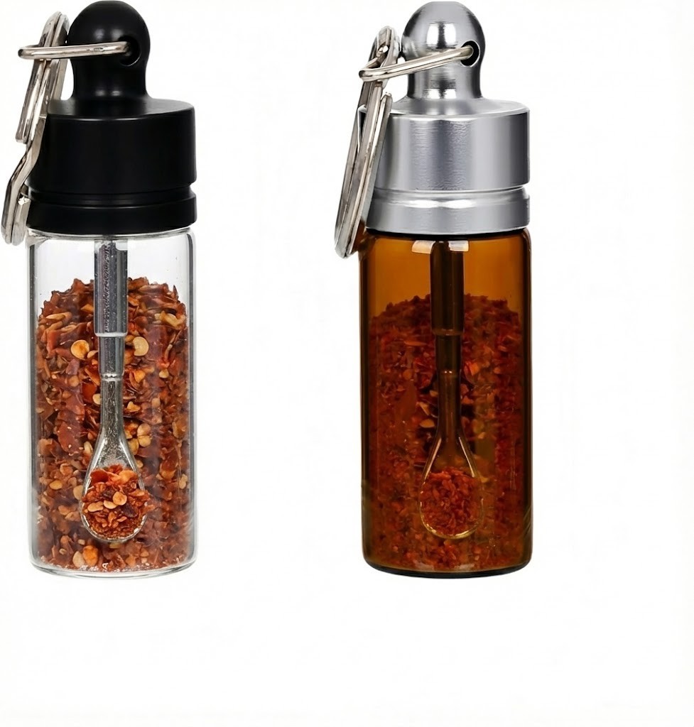 Travel Spice Containers with Spoon - Mini Glass Vial Keychain Case 2pack gallery