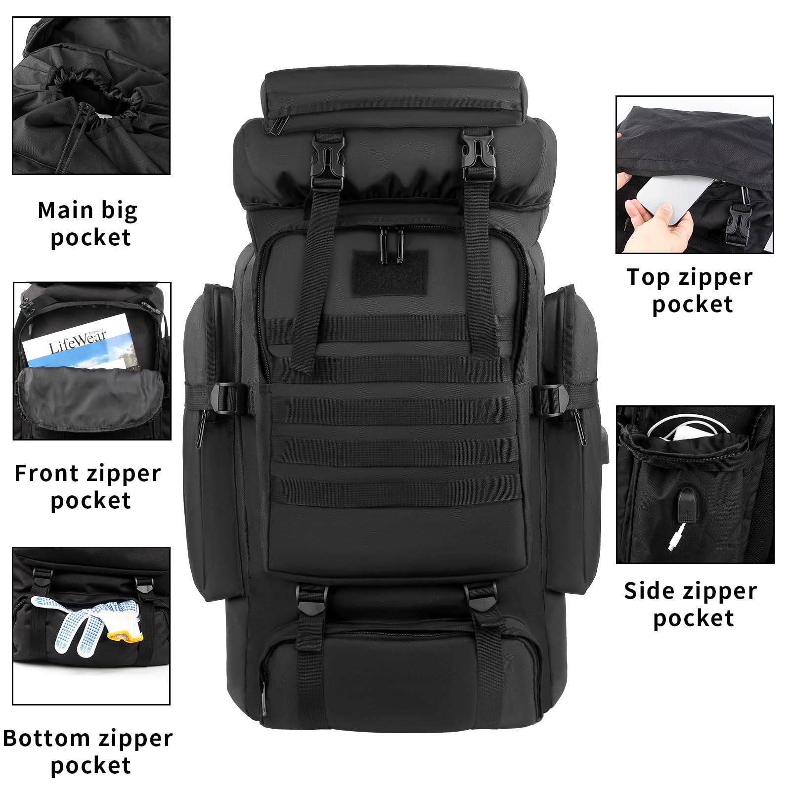 80L Hiking Backpack Large Capacity Tactical Durable Frame Molle Rucksack with... 4
