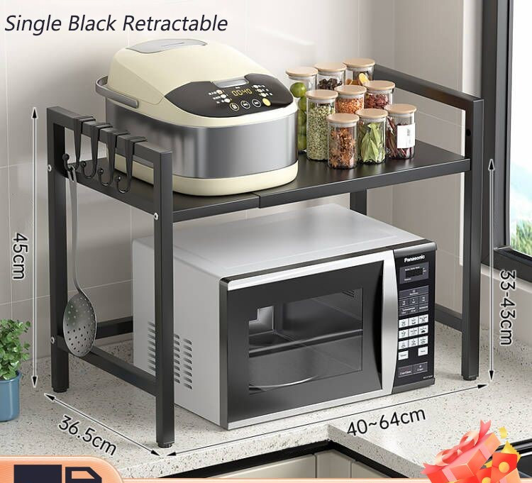 Expandable Microwave Stand with Hooks, Metal Kitchen Counter Shelf Organizer gallery
