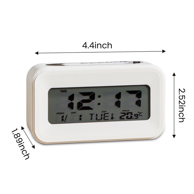 White Digital Alarm Clock with Temperature Date Weekday Display Battery Operate gallery