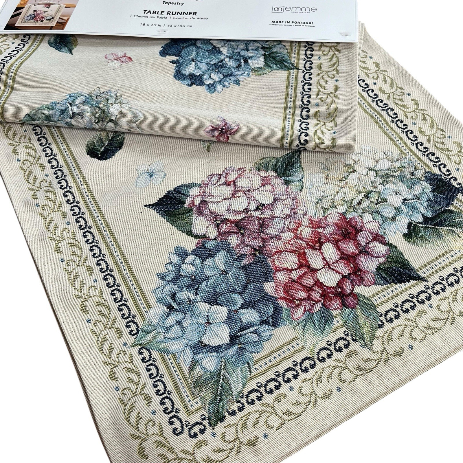 EMME Jacquard Gobelin Tapestry Table Runner 18x63 in Floral Hydrangea Cottage gallery