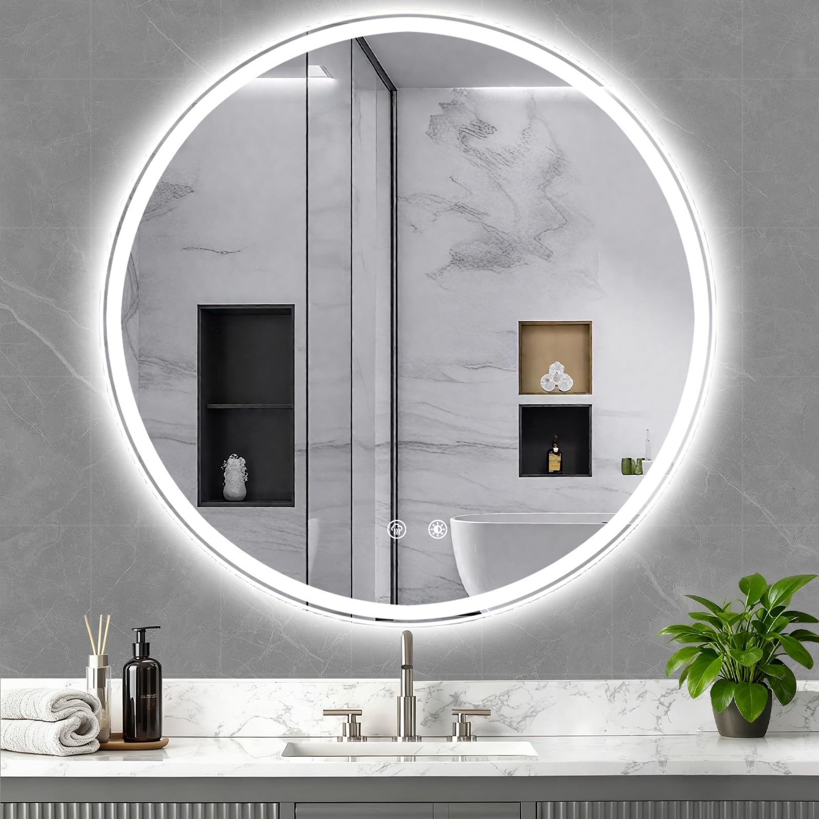 40 Inch Bathroom Mirror: Round Vanity Mirror with Lights, Dimmable & 3 Color ... gallery
