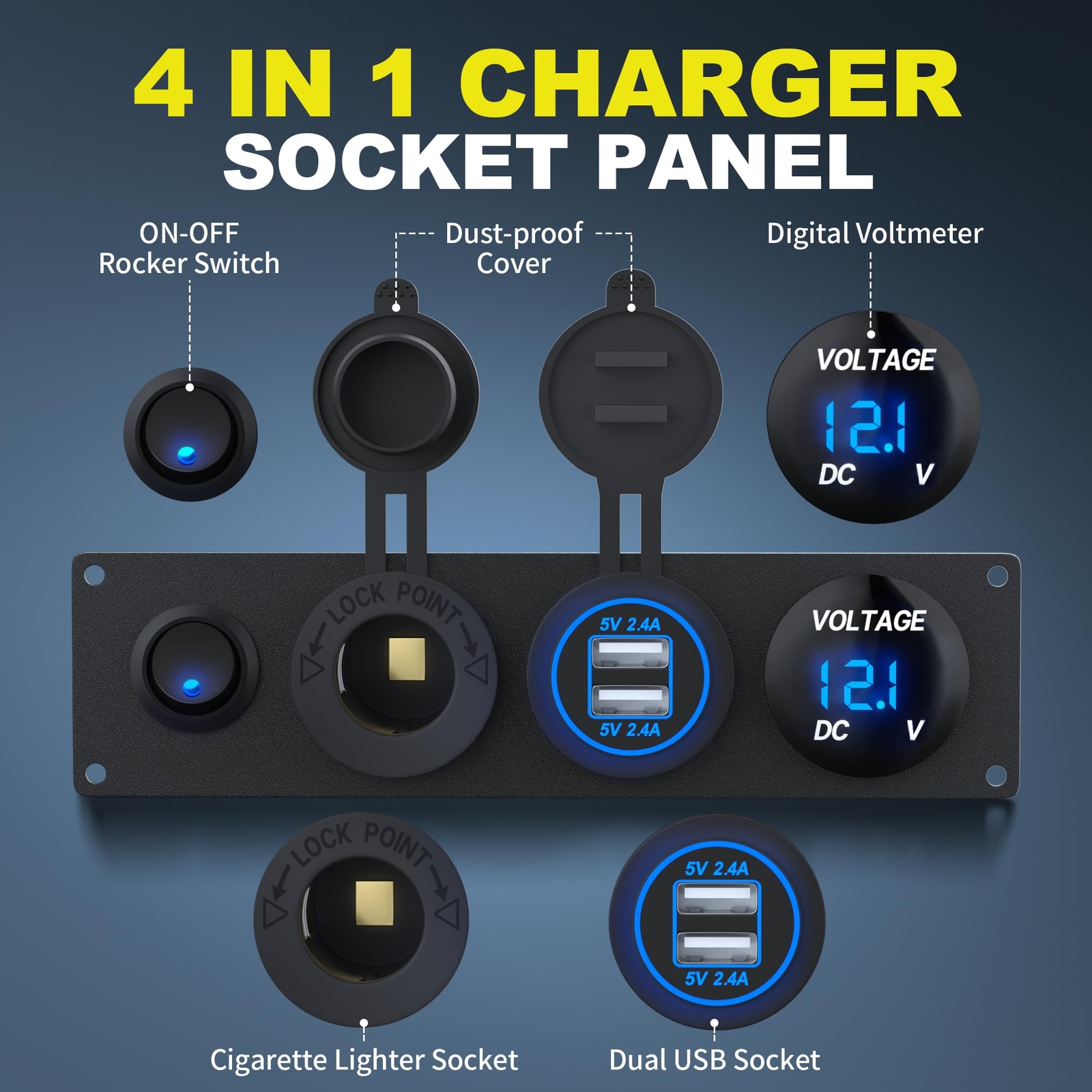 12V DC 4.8A Charger Socket Panel Dual USB & Cigarette Lighter for Boat RV gallery