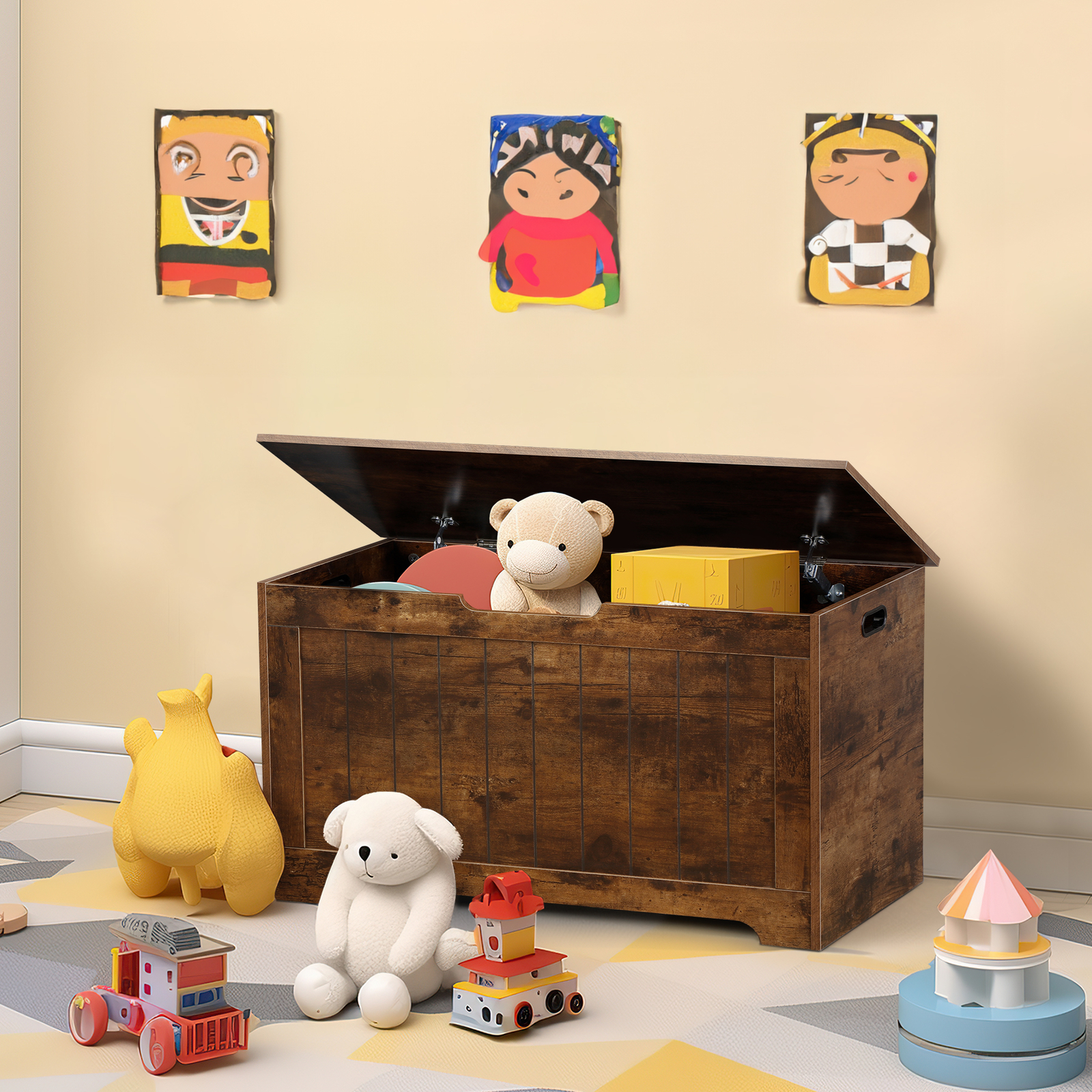 Wooden Storage Toy Chest Bench Sturdy Toy Box Organizer with 2 safty Hinge Brown gallery
