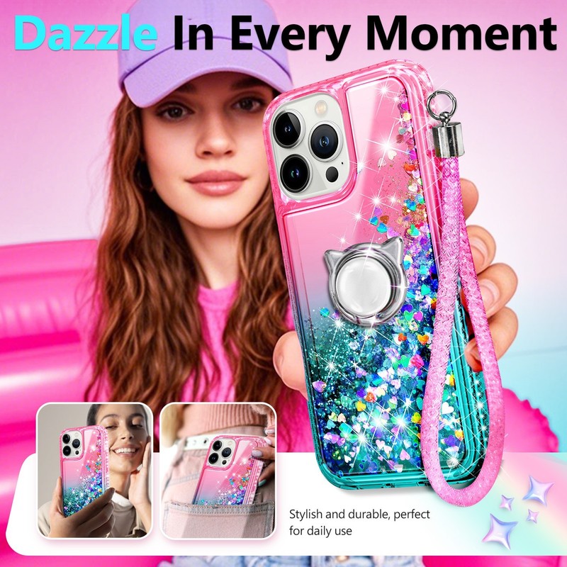 For iPhone 13 Pro Max Pro Mini Liquid Glitter Case With Tempered Glass & Lanyard gallery