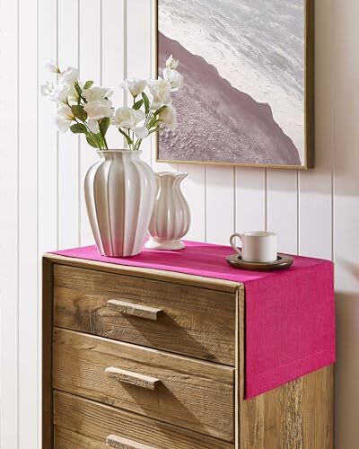 Linen Textured Border Table Runner, 14 x 48 Inch Farmhouse 14x48 Inch Hot Pink gallery