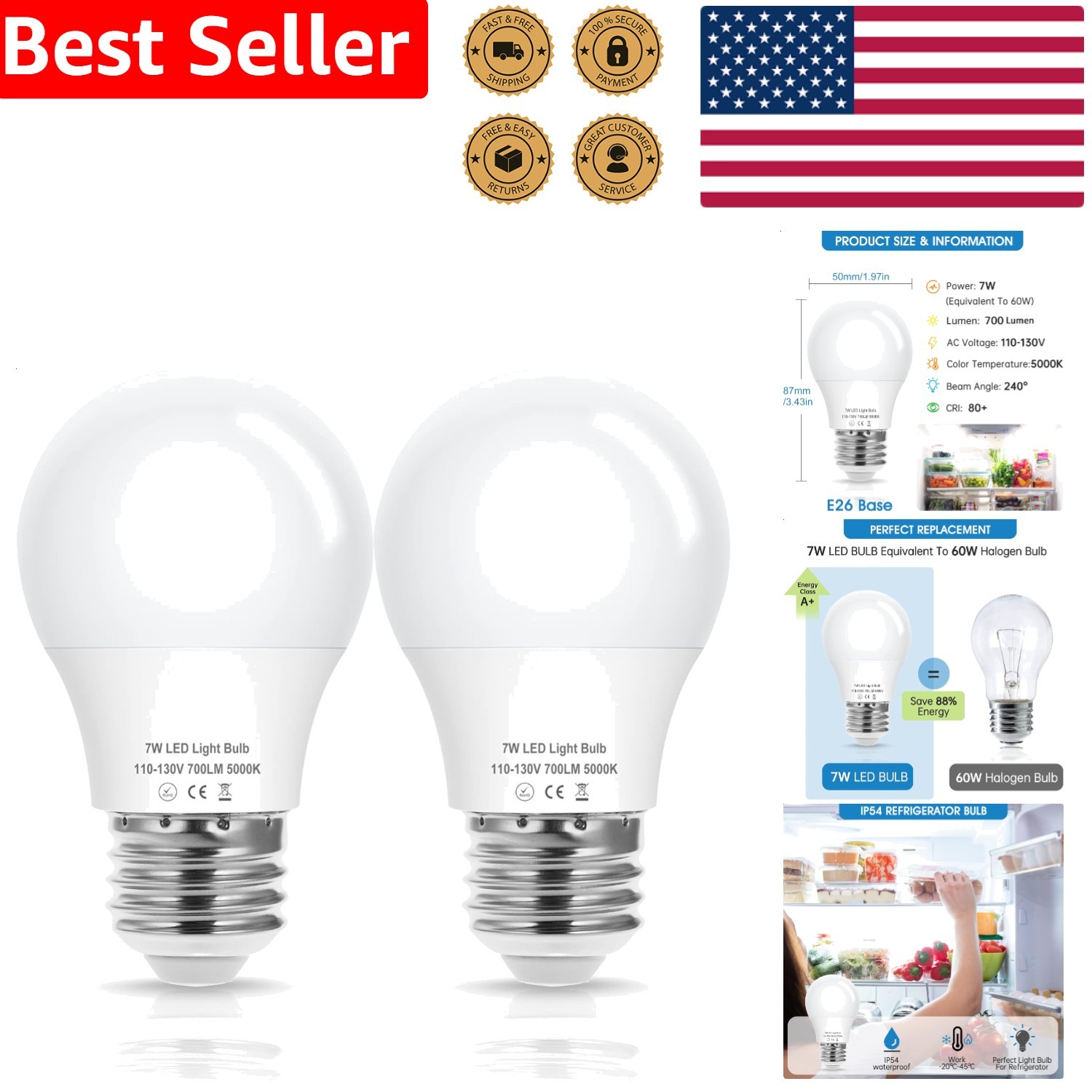 7W A15 Fridge LED Bulb E26 Daylight White 5000K 700LM 60W Equivalent Waterproof gallery