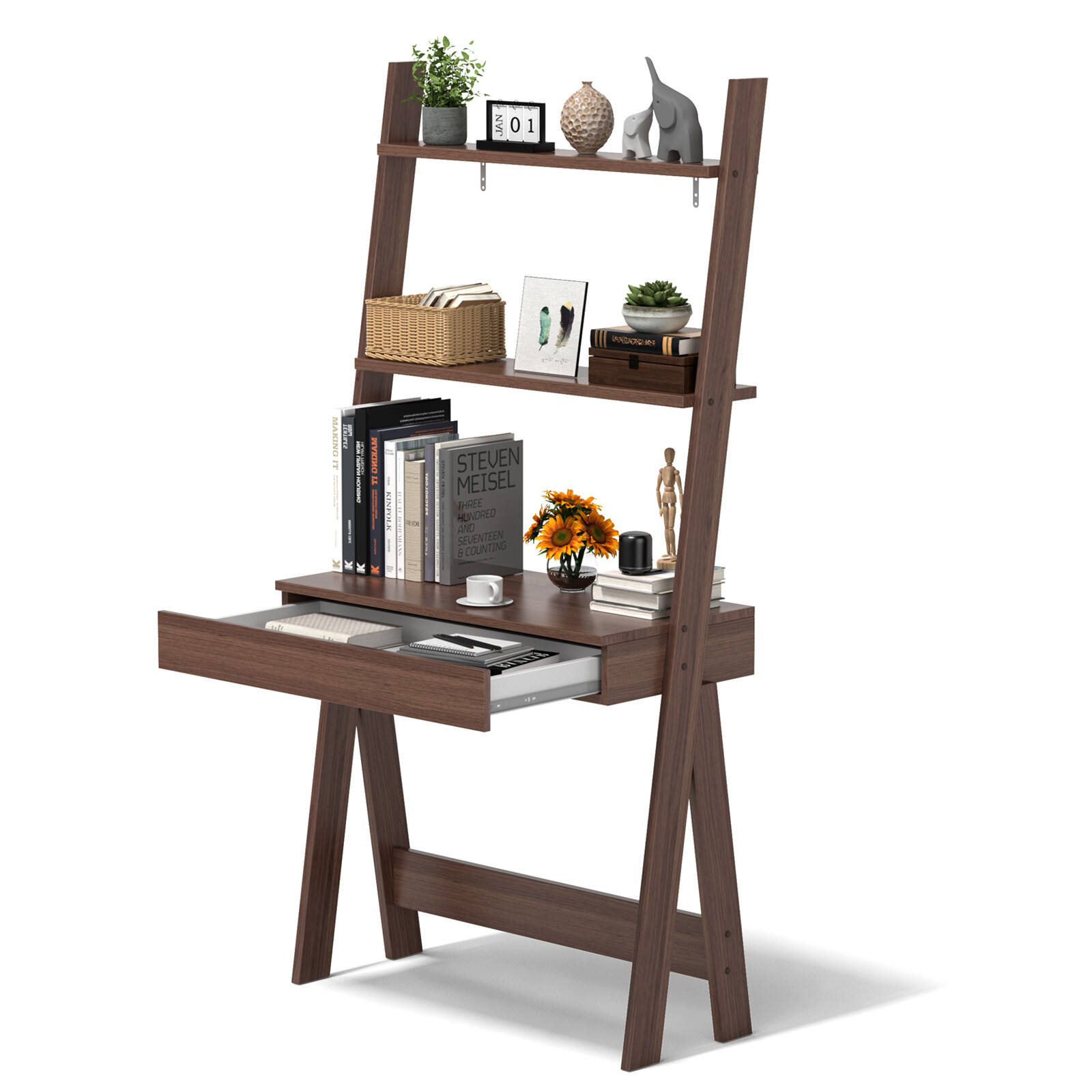 2-Tier Bookself Ladder Shelf Desk Bookcase w/ Countertop & Large Drawer Walnut gallery