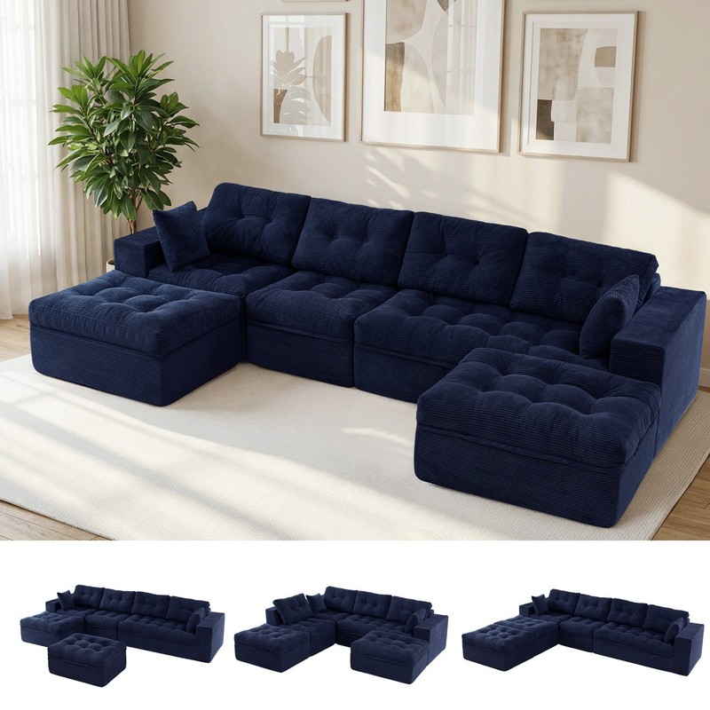 MAXYOYO Oversize L/U-Shaped Modular Sofa, Corduroy Boneless Couch With Ottoman gallery