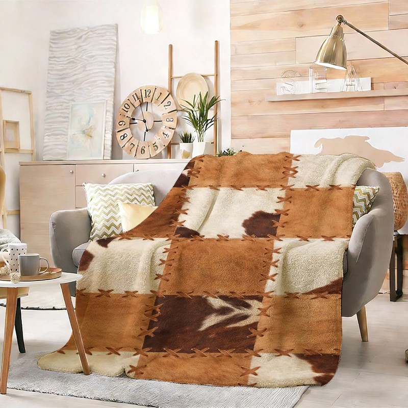 Cowhide Patchwork Flannel Blanket Soft Cozy Tapestry Napping Travel Use gallery