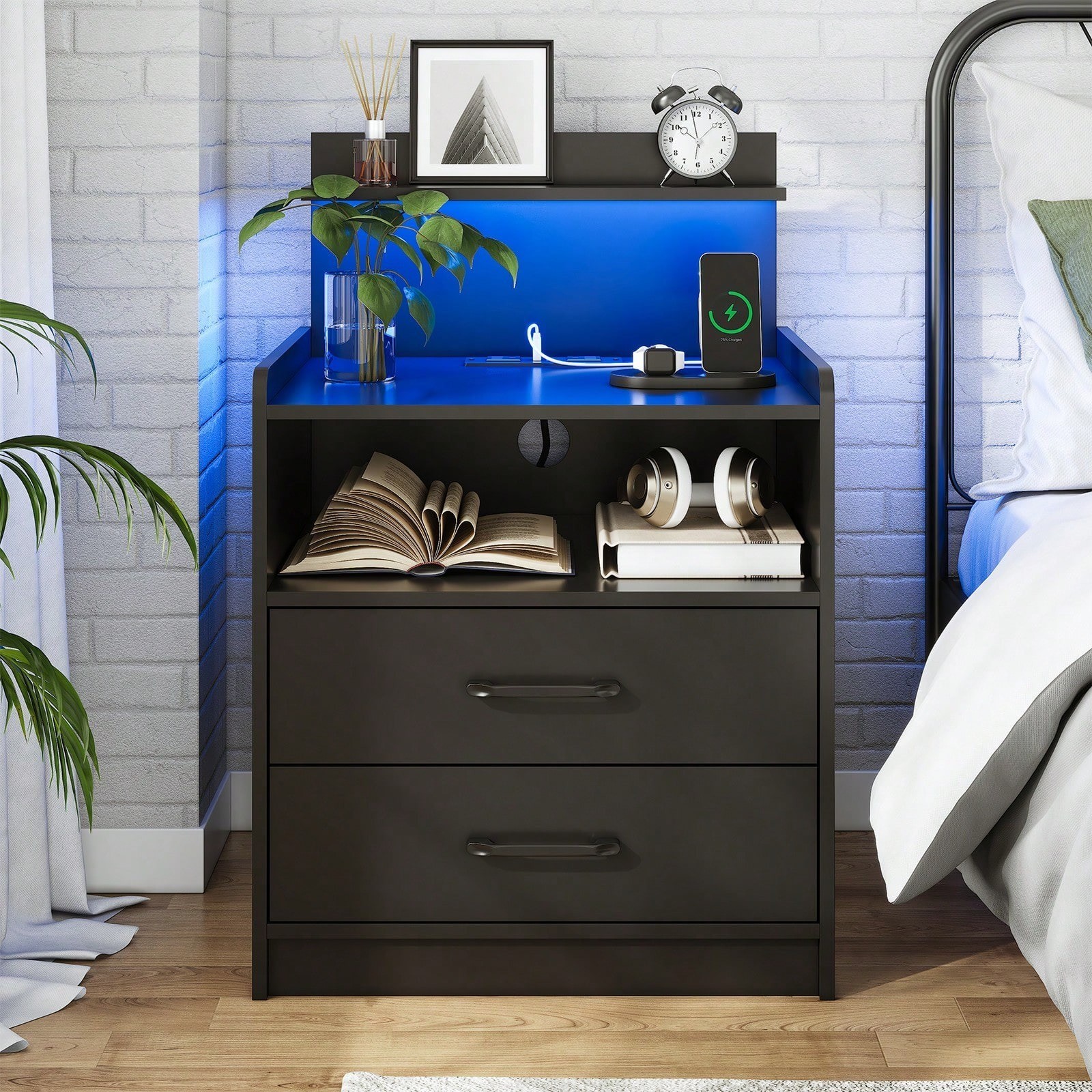 LED Nightstand With Charging Station 2 Drawers And Open Storage Bedside Table gallery