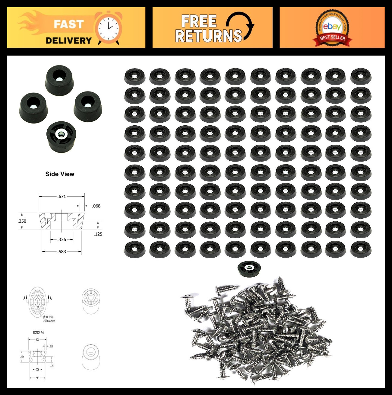 100 Soft Round Rubber Feet with Screws - Non-Slip, Removable Insert, Food Safe - gallery