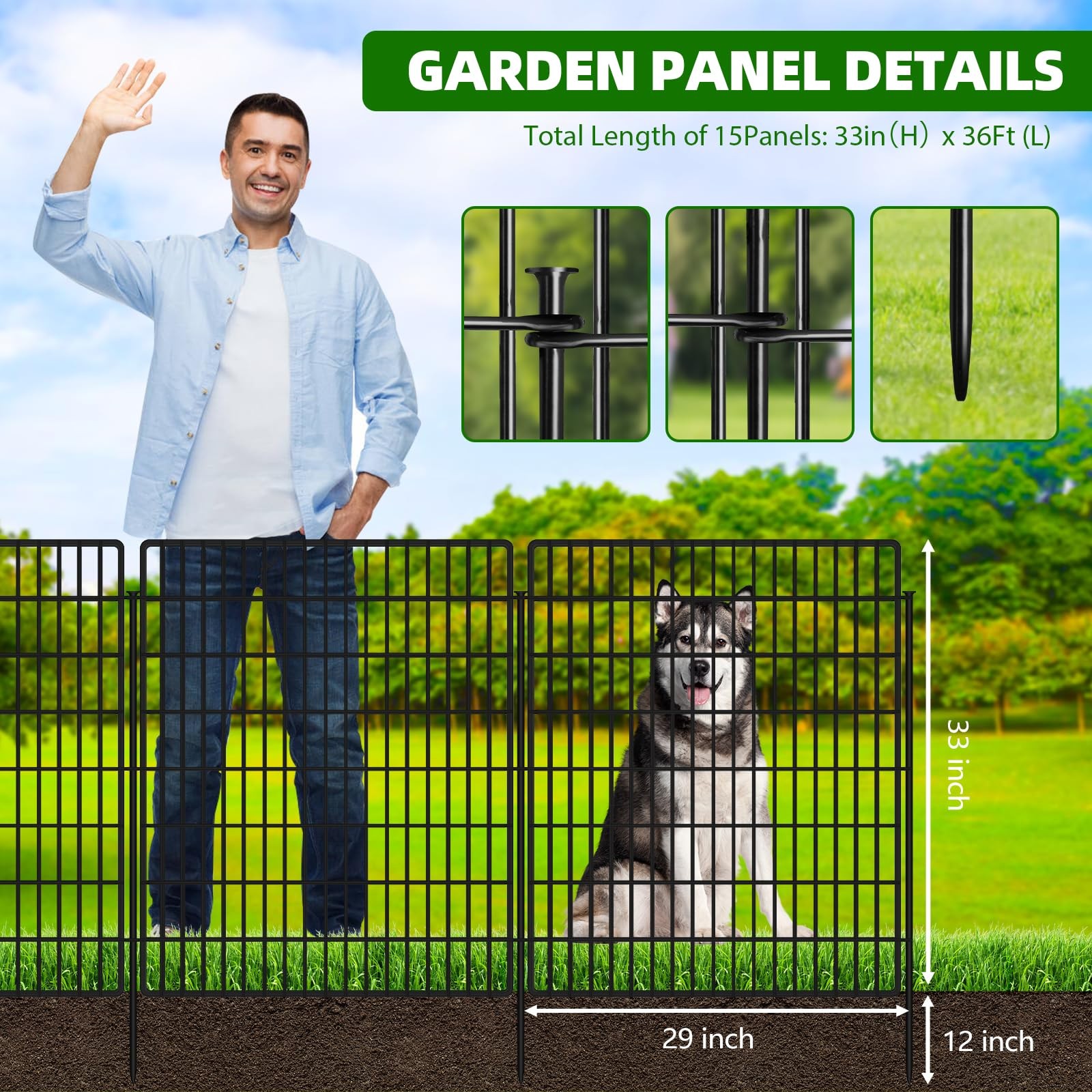 15~Panel Dog Fence, 33in x 36ft, Rustproof No~Dig Garden Barrier gallery
