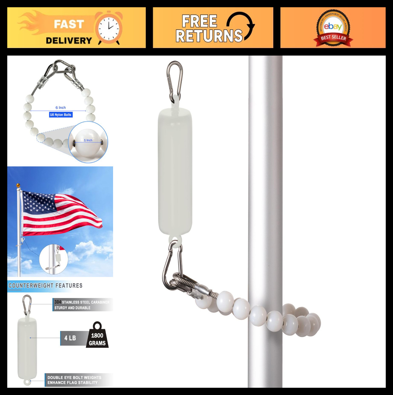 Flagpole Counterweight Set - 4 lb Retainer Ring & Double Eye Bolt Weights, 5" Po gallery