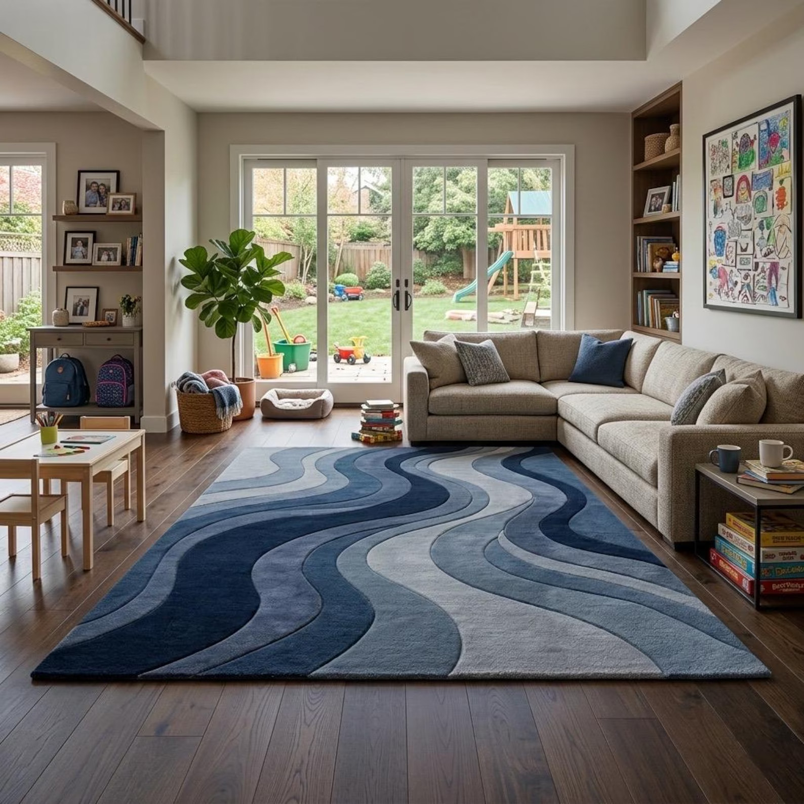 Hand Tufted Blue Abstract Wool Rug Modern Wave Area Rug, Contemporary Carpet. gallery