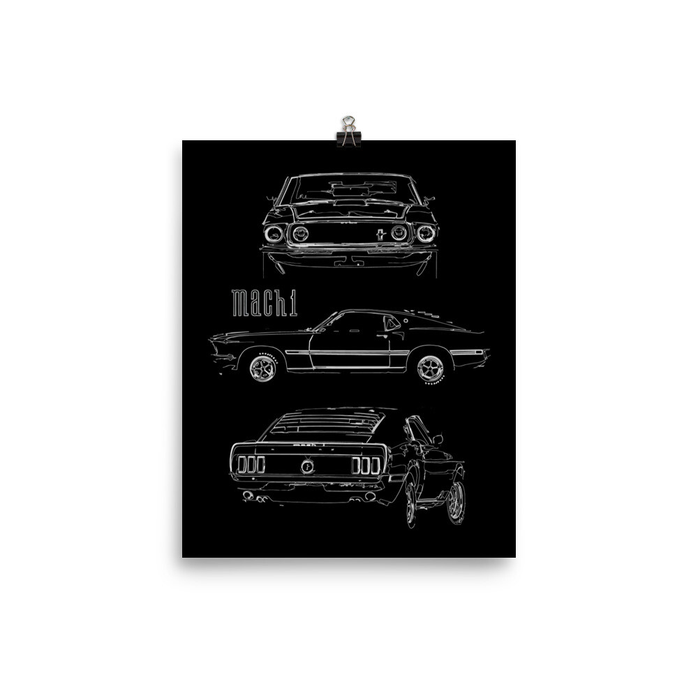 1969 Mustang Mach 1 Fastback Collector Car Outline Art 8 x 10 Poster gallery