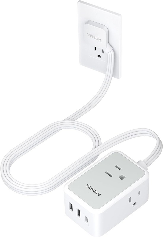 Thin Flat Plug Power Strip with USB 3 Outlet Slim Cord Portable for Travel Ship gallery