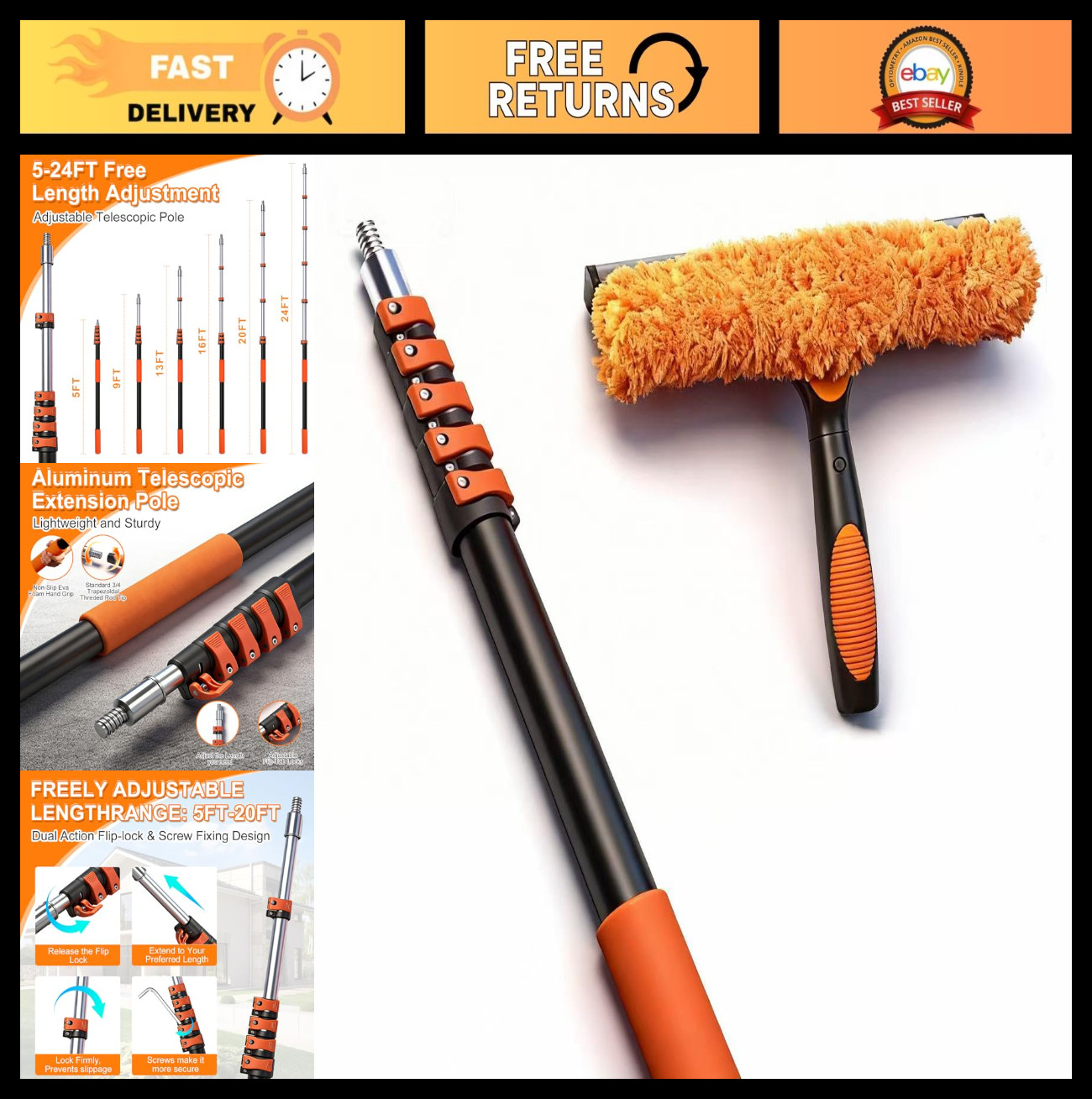 30FT High Window Cleaning Kit - 5-24FT Telescoping Pole, Dual Action Squeegee, L gallery