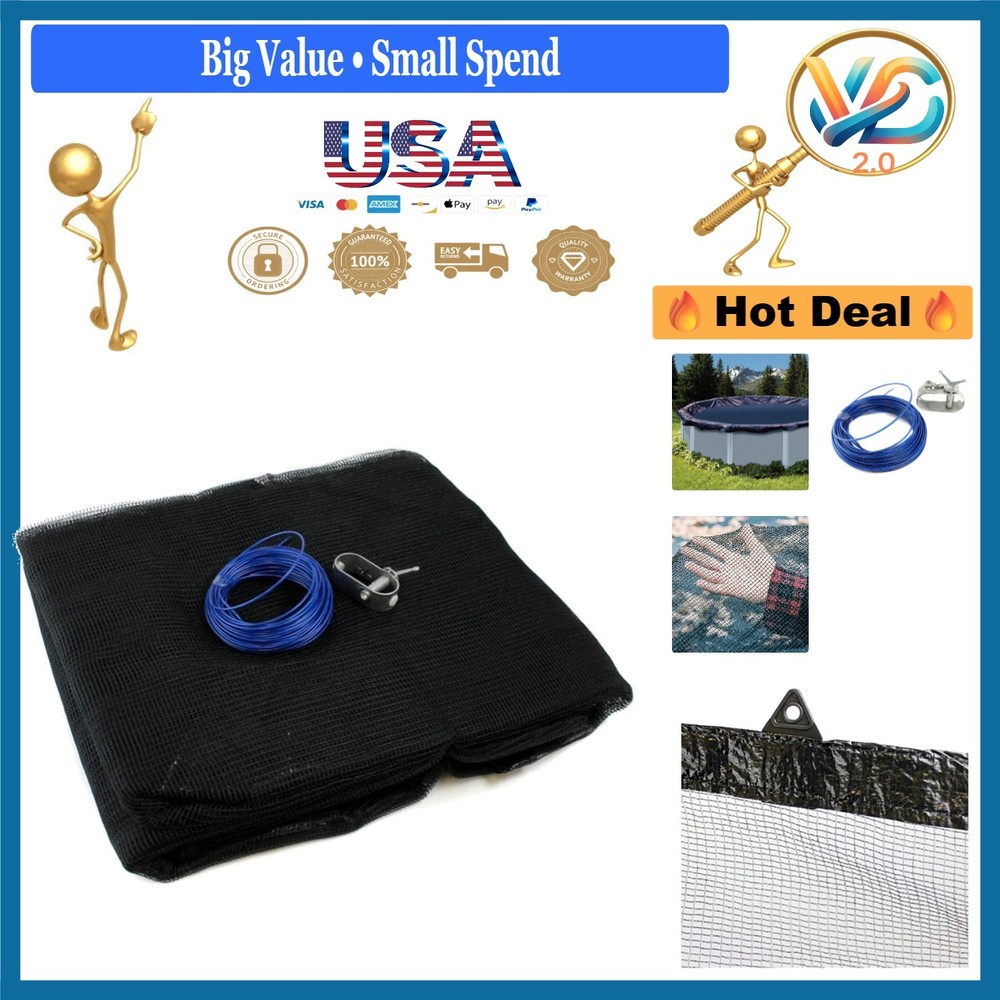 24ft Round Above Ground Pool Leaf Net Cover with Cable and Ratchet Black