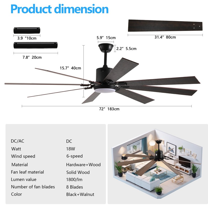 72'' Walnut Black Ceiling Fan with Light & Remote 6 Speeds 3CCT Reversible Motor gallery