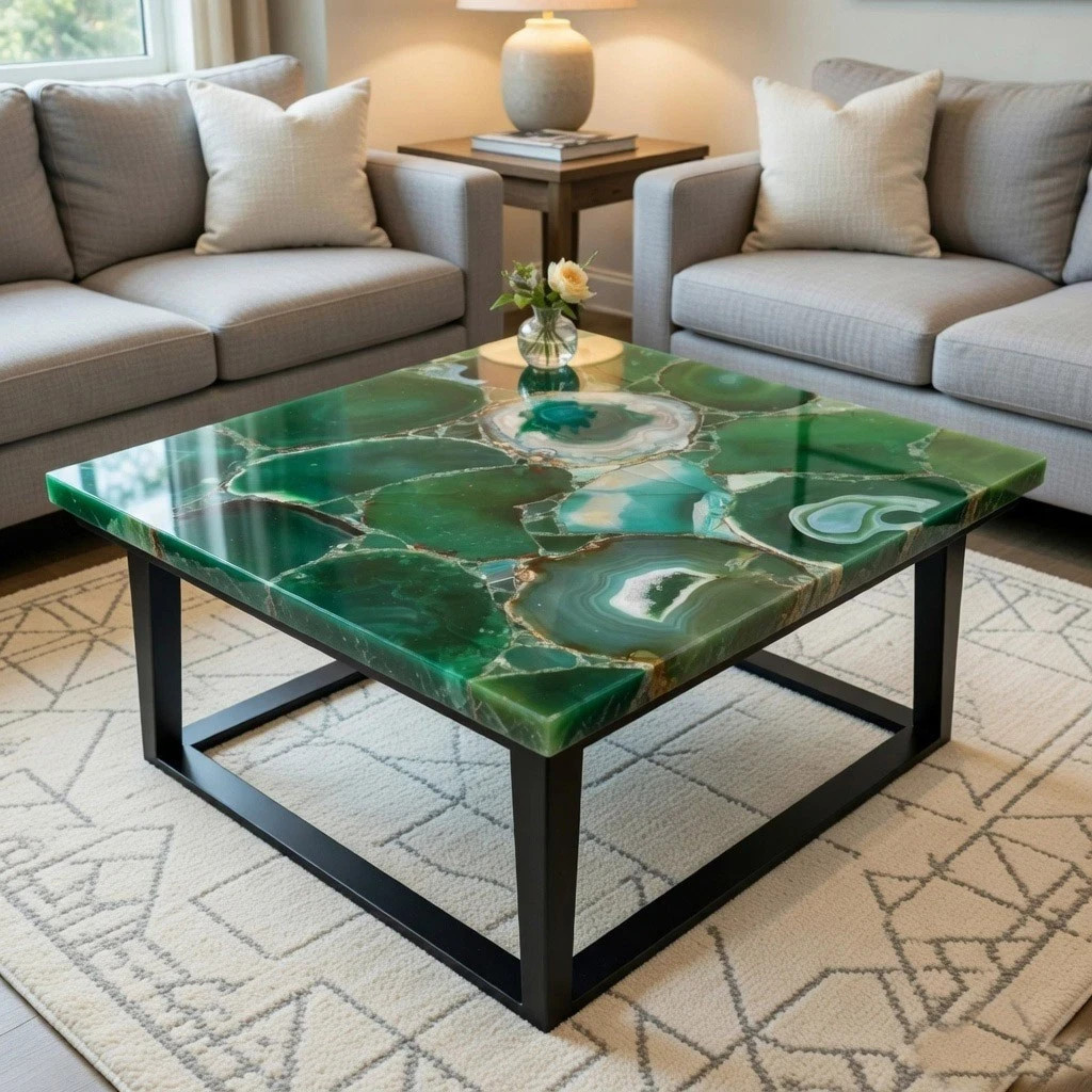 Handmade Green Agate Coffee Table Top | Natural Gemstone Slice Geode Decor gallery