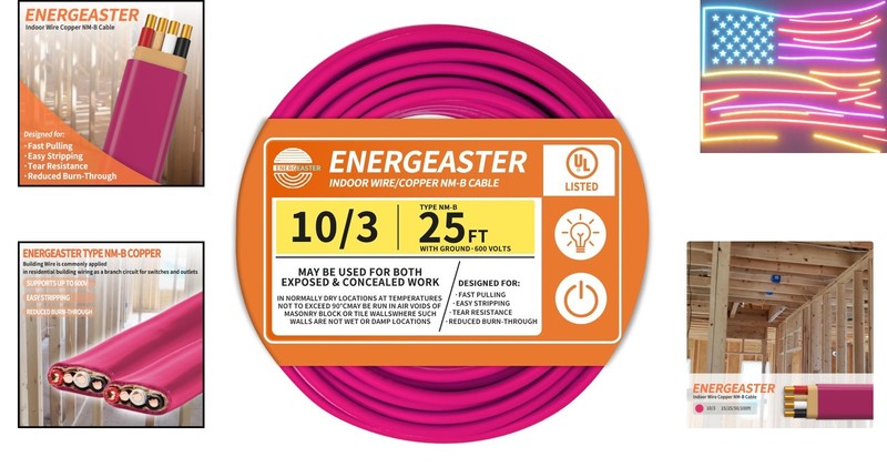 Solid Indoor 10/3 Type NM-B Pure Copper Cable 25FT, Pink, 10 AWG 3 Conductors... gallery