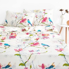 Wake In Cloud – Floral Bed Sheets, 100% Cotton, 4-Piece Sheet Set, Bird Patterne