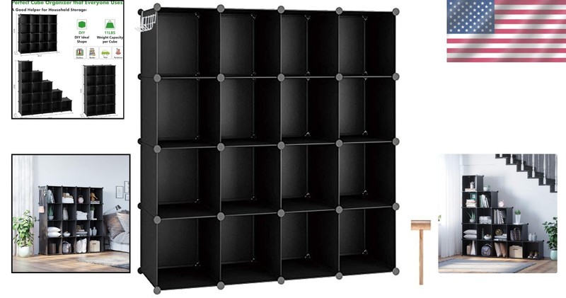 Functional 16-Cube Storage Unit - Black Plastic Organizer, Space-Saving Design gallery