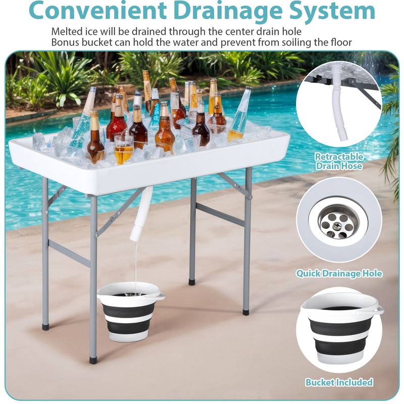 3.4' Foldable Party Ice Bin Table with Edge and Skirt Drain Hose w/5L Bucket gallery