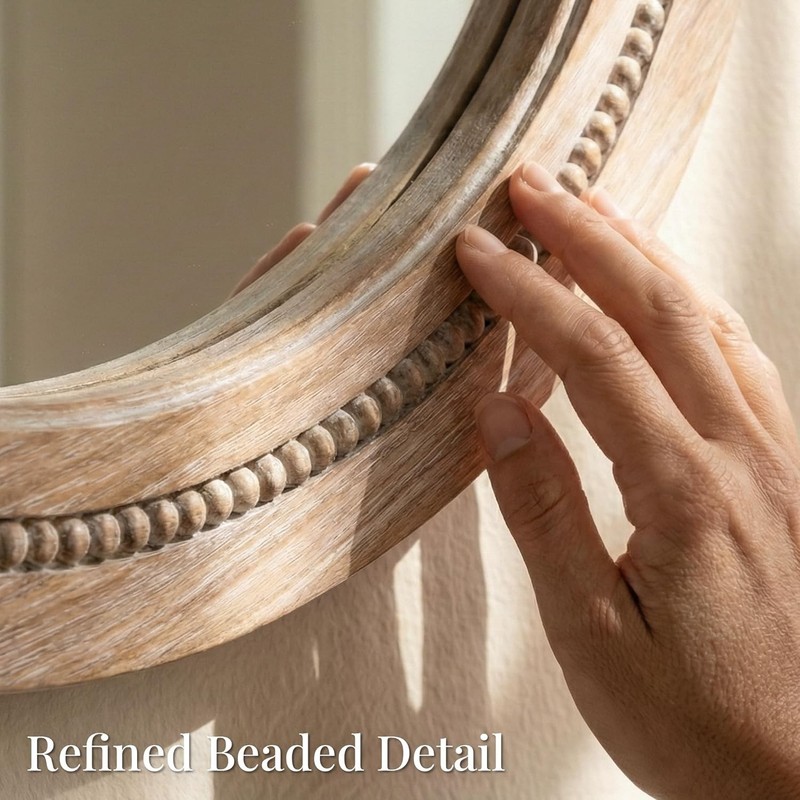 30" Round Solid Wood Mirror, Handcrafted Beaded Circle for Bathroom Vanity gallery