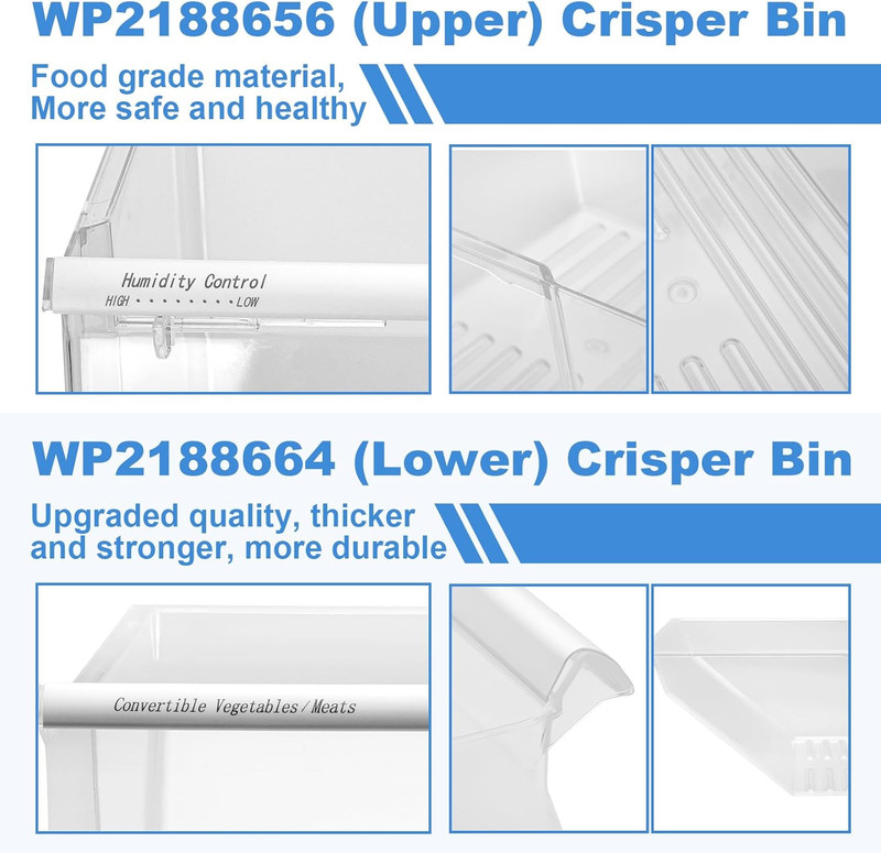 [2 PACK]UPGRADED 2188656 (Upper) Refrigerator Crisper Bin & 2188664 (Lower) Frid gallery