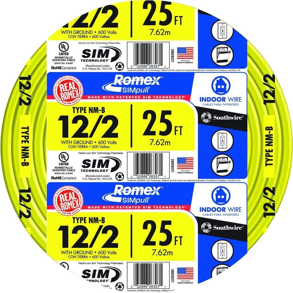SOUTHWIRE 25 FT. 12/2 Solid ROMEX SIMPULL CU NM-B W/G 25 ft (Single), Yellow