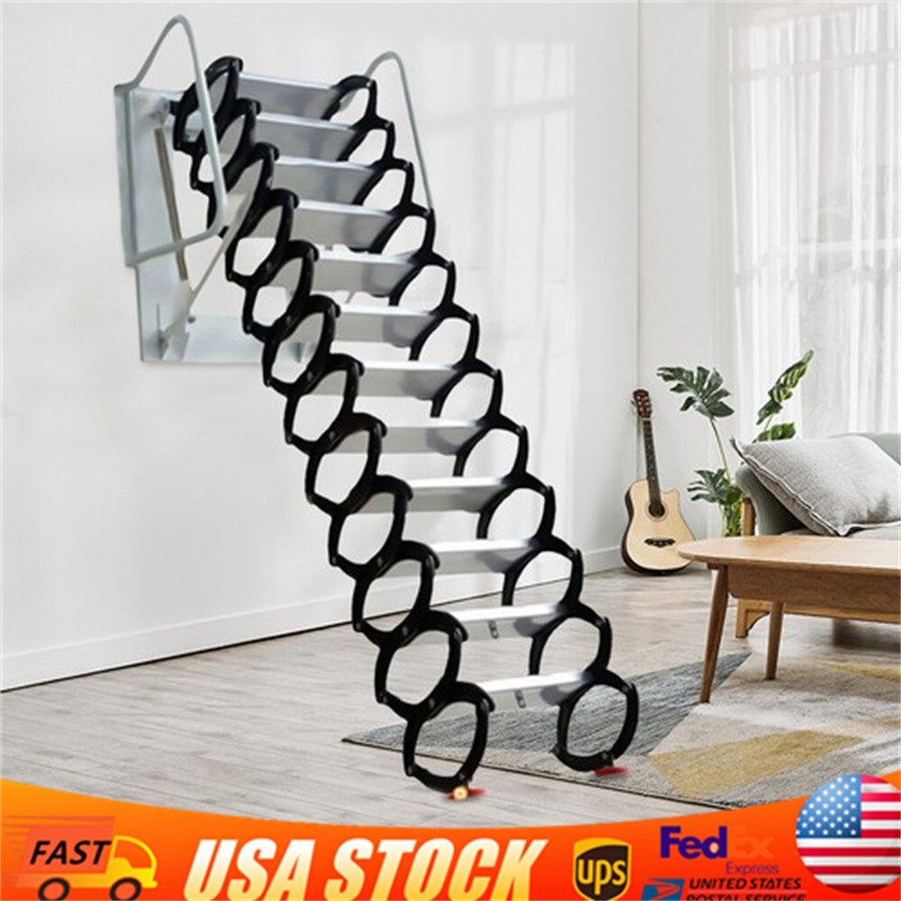 10ft Pull Down Folding Attic Ladder 12 Steps Anti-slip Wall-mounted Stairs gallery
